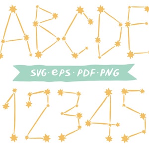 Police de caractère Constellation des cliparts | png svg AI PDF EPS Étoiles alphabet spatial | vectorielles en chiffres et lettres | Éléments de conception numérique du type de police