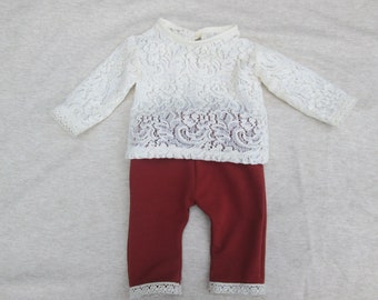 Newborn Offwhite topje van kant en roestbruin lang broekje
