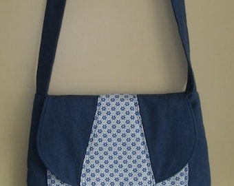 Schultertasche blau Leinen/Blümchen ~**~