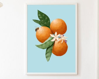 Oranges Still Life, Florida Art Print, Minimal Painting, Kitchen Wall Art, Honey Bee Painting, Botanical Illustration