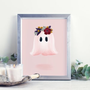 Cute Halloween Decor, Flower Crown Ghost, Pastel Pink Art, Girls Room ...