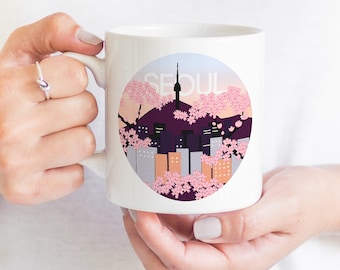 Seoul South Korea Mug, Cityscape Illustration Mug with Cherry Blossoms, Great Gift for K-Pop Fan