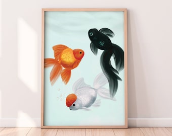 Fancy Goldfish Print, Cute Animal Art, Redcap Oranda and Orange Ryukin Goldfish Wall Art, Aquatic Nursery Art, Kids Room Print