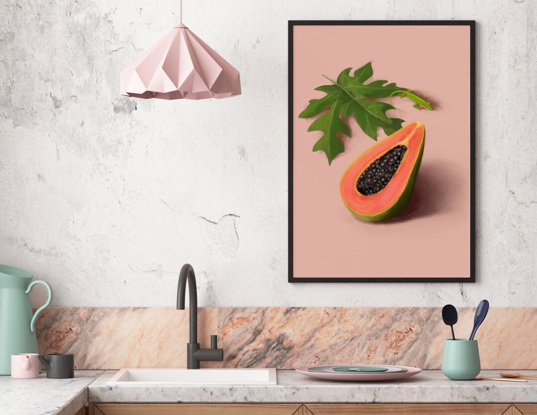 Impresión de arte de papaya, pintura de frutas coloridas, arte de pared