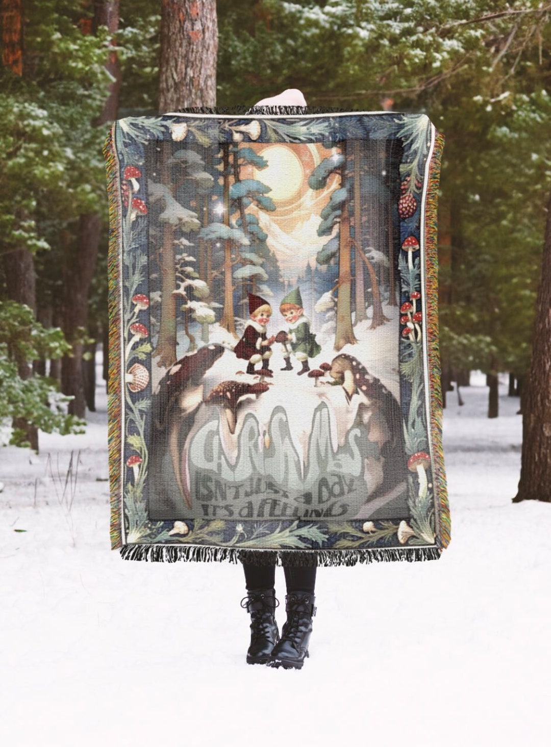 Vintage Christmas Blanket, Psychedelic Christmas, Amanita Muscaria