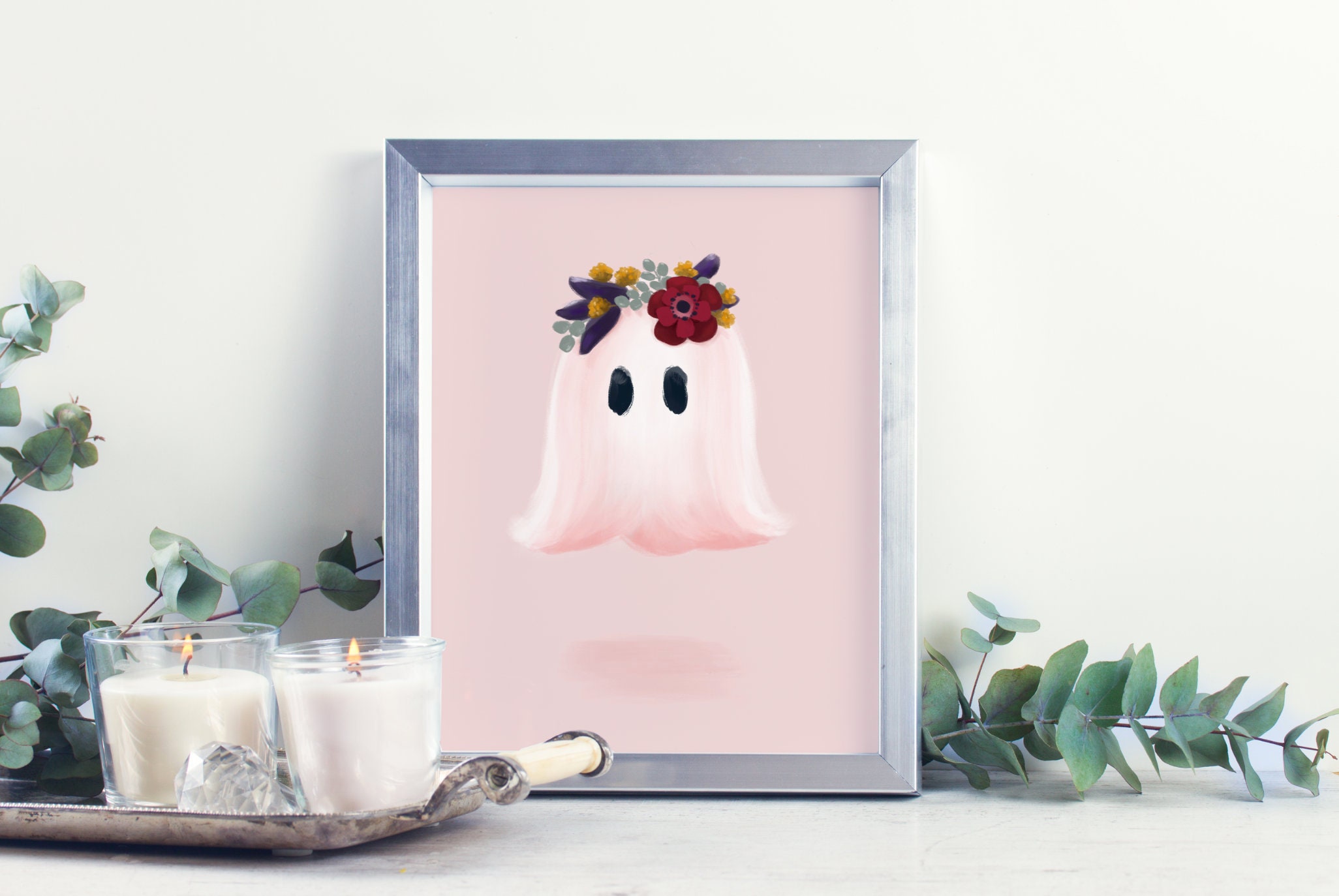 Cute Halloween Decor, Flower Crown Ghost, Pastel Pink Art, Girls Room ...