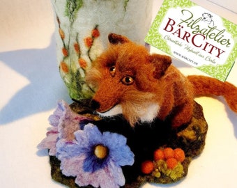 Lantern *Fox on flower meadow",plastic felt fox, felted, fox felted, felt