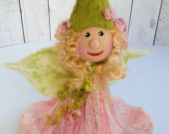 Flower elf *Summer wind*, old pink-white, 18 cm, felted, elf, fairy, decoration