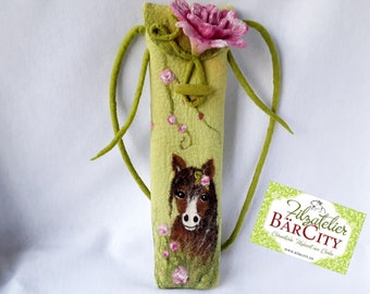 Flute bag *horse on flower meadow*, felted, felt bag, felt