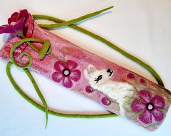 Flute bag *lama in the flower country* felted felt bag felt back to school school gift