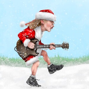 Angus Young en train de déchirer sa guitare en tenue de Noël - carte de voeux de Noël / vacances rock heavy
