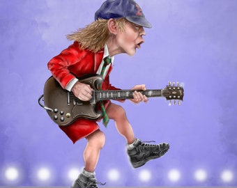 May include: A cartoon illustration of a person playing a brown electric guitar. The person is wearing a red jacket, a green and white plaid shirt, and a blue baseball cap. The person is standing on a stage with white lights in the background.