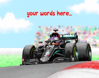 May include: A black and green Formula 1 race car with the number 44 on the side. The car is on a race track with a red and white checkered finish line.