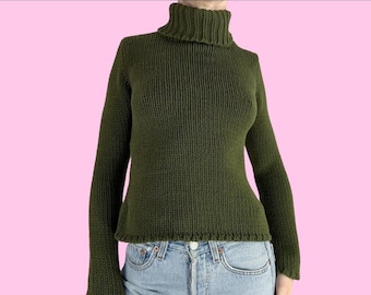 Vintage 90s Dark Green Knit Turtleneck Sweater Size Small