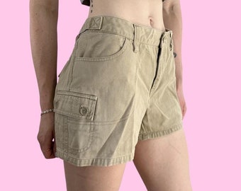 Pantalones cortos cargo de tiro medio bajo color caqui tostado Y2K, talla 9 W34 W35