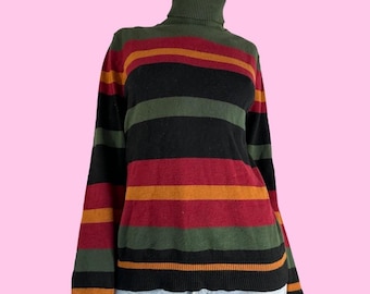 Vintage 90s Dark Green Black Striped Turtleneck Sweater Size medium
