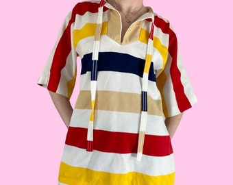 Vintage 70s Primary Color Striped Half Sleeve Tie Neckline Polyester Blouse Shirt Size medium