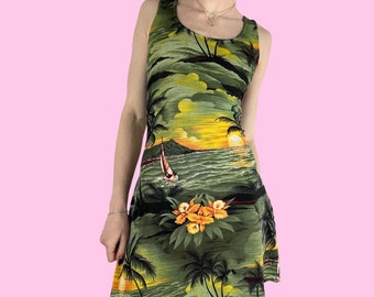 Y2K Green Multicolor Floral Palm Tree Tropical Island Babydoll Mini Dress Size Large