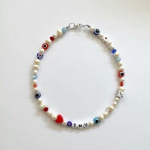 Custom Beaded Pearl Necklace: Freshwater Pearls, Dice, Evil Eye, Personalized Name