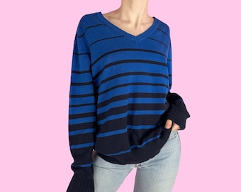 Y2K Blue Striped Mall Goth Sweater Size XL