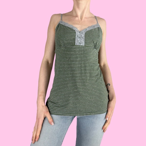 Y2K Green Grey Lace Bella Swan Babydoll Tank Top Cami Size Large