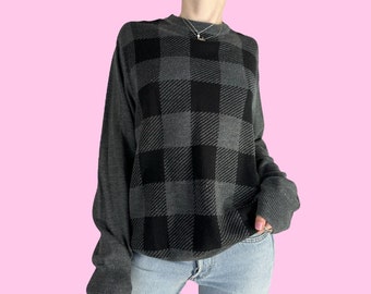 vintage années 90 Gris Noir Argyle Skater Grunge Pull taille moyenne