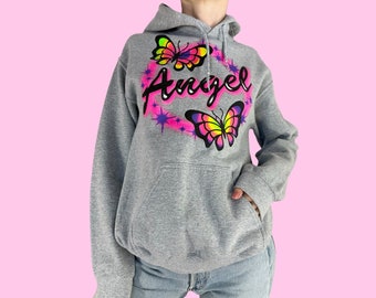 Sudadera con capucha con diseño de mariposa y ángel Y2K, talla pequeña