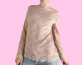 Y2K Pastel Pink Lace Babydoll Coquette Blouse Shirt Size Small
