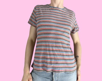 Y2K Multicolor Striped Baby Tee Shirt Size Large