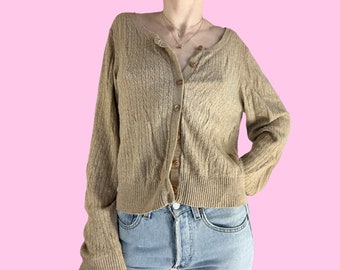 Cárdigan babydoll de punto trenzado color canela Y2K, talla XXL