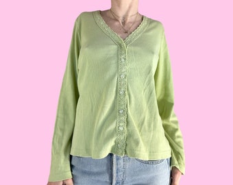 Cárdigan babydoll de crochet verde Y2K, talla grande