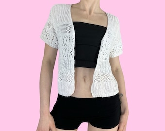 Y2K White Crochet Eyelet Knit Fairy Grunge Cardigan  Size Large