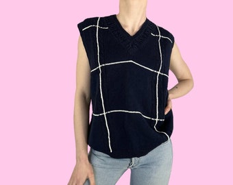 Vintage 90s Navy Blue White Plaid Academia Grandpa Sweater Vest Size Medium