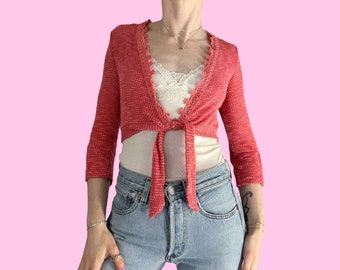 Y2K Pink Crochet Knit Cropped Tie Cardigan Size XS Small