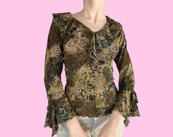 Y2K Brown/Green Neutral Floral Wide Sleeve Fairy Grunge Babydoll Shirt Size Medium