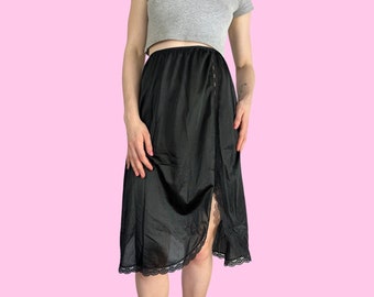 Vintage 70s Black Midi Lingerie Lace Slip Skirt Size Medium
