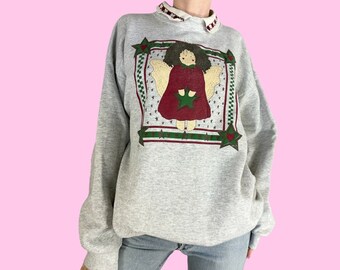 Vintage 90s Cute Angel Christmas Sweatshirt Size XL