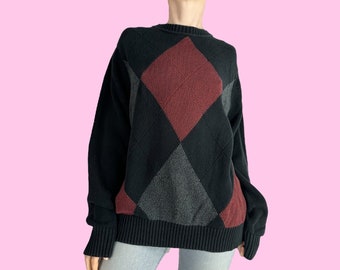 Vintage 90s Black Striped Argyle Skater Grunge Sweater  size large