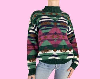 Vintage 80s Dark Green Pink Geometric Mockneck Sweater Size Small Medium