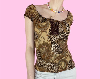 Vintage Y2K Brown Tan Paisley Cheetah Print Lace Up Fairy Short Capped Sleeve Babydoll Shirt Size Small Medium