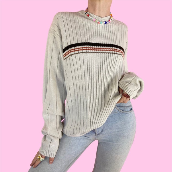 Vintage 90s Y2K Arizona Cream Brown Orange Striped Long Sleeve Skater Grunge Sweater Size Large