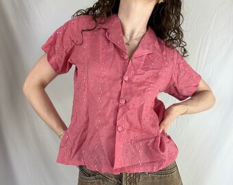 Vintage Pink Eyelet Floral Blouse Shirt Size Small