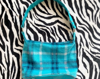 Vintage Y2K 2000s Limited Too Plaid Print Fuzzy Blue Teal White Mini Bucket Shoulder Purse Bag