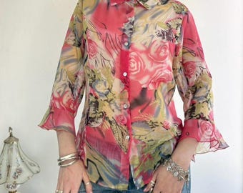 Y2k pink and multicolor floral semi sheer blouse by Nicola size medium
