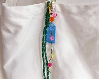 Handmade Beaded Mismatched Charm Keychain & Bag Charm: Carabiner flower dangle and cake charms