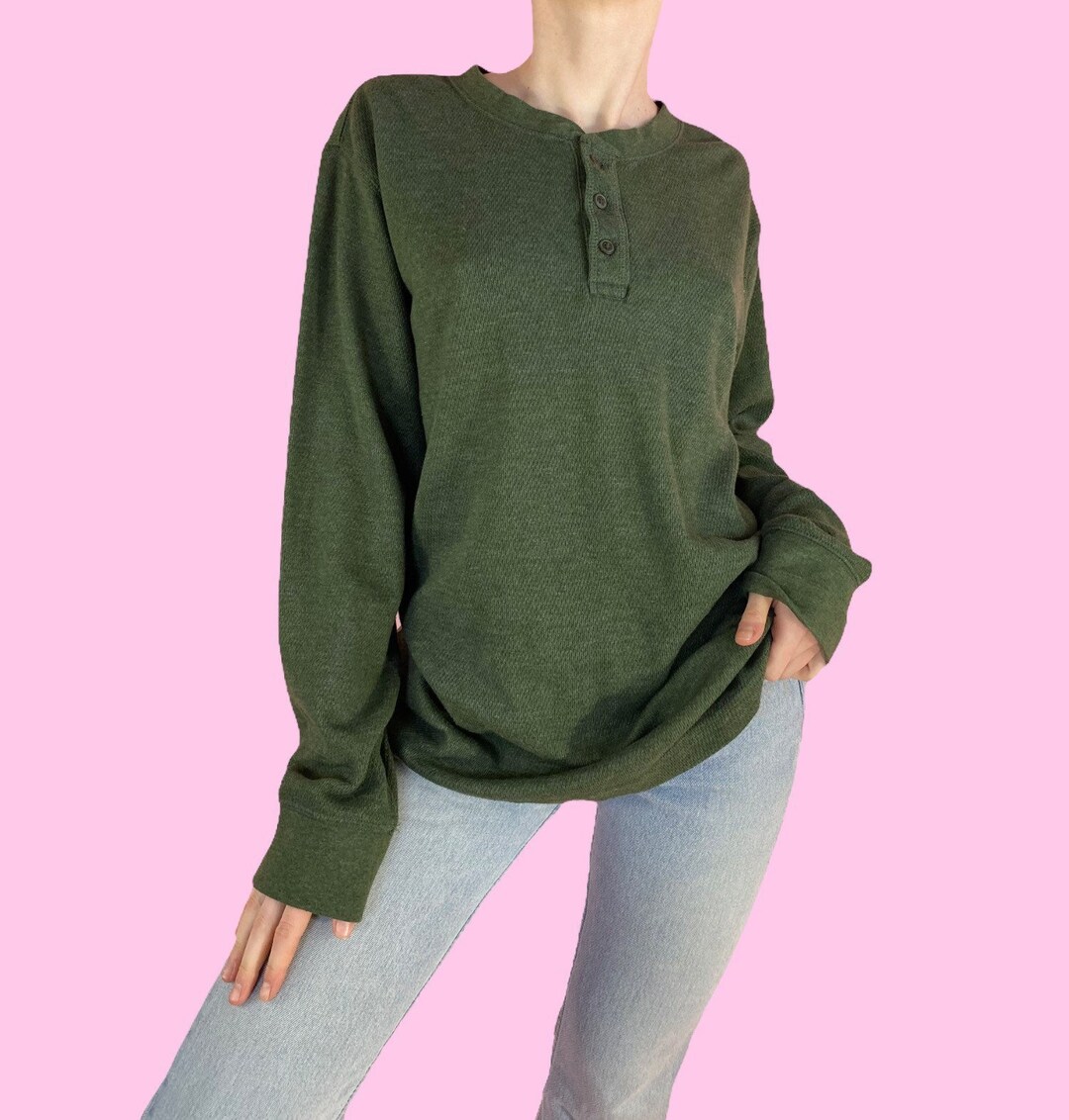Y2K Dark Green Thermal Henley Shirt Size XL Etsy