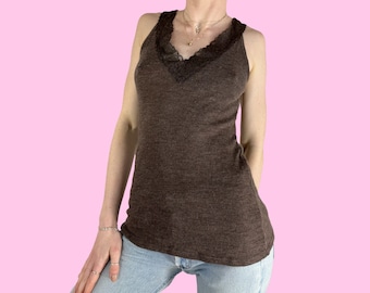 Y2K Brown Lace Coquette Babydoll Tank Top Cami Size Large