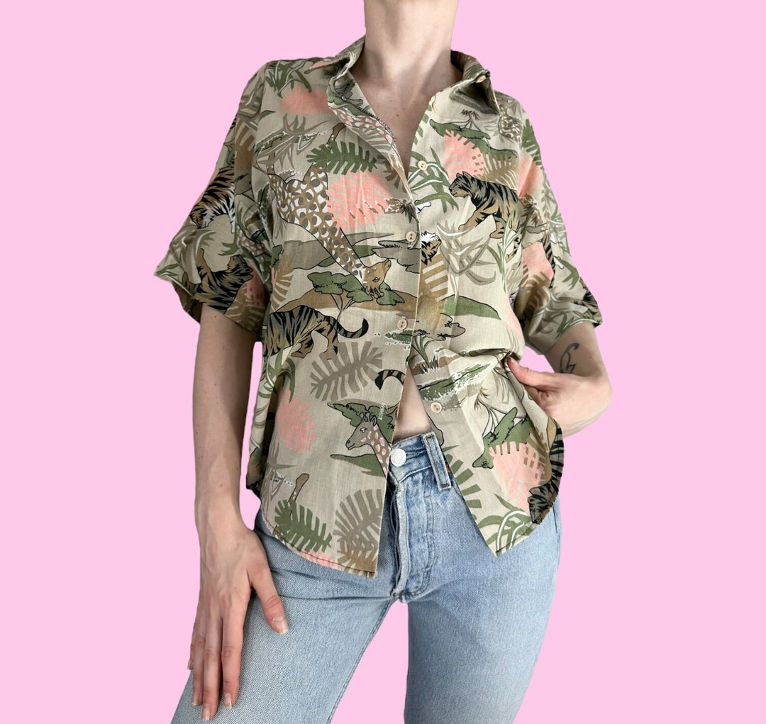 Vintage 90s Safari Animal Blouse Shirt Size Large - Etsy