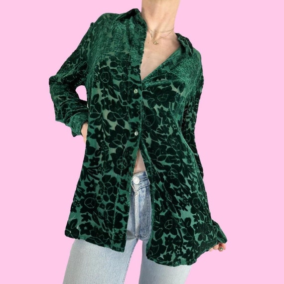 Vintage 90s Emerald Green Floral Velvet Silk Semi… - image 1