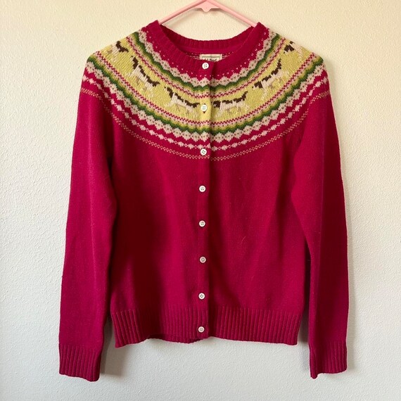 Vintage LL Bean Fair Isle Pink Dog Wool Cardigan … - image 3